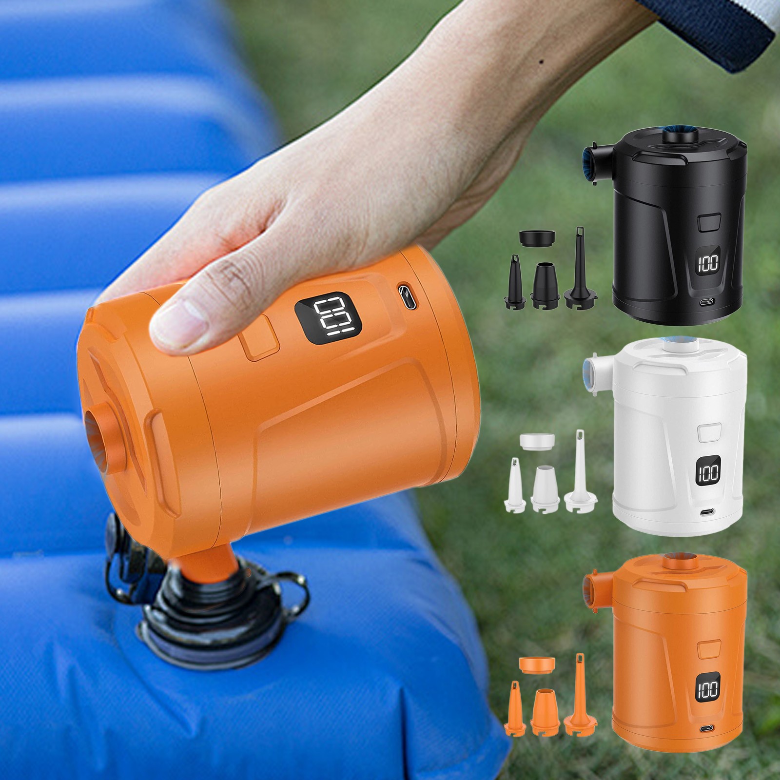 Electric Inflatable Pump Portable Air Compressor | 5200mAh Battery | Compact Lightweight for Camping Car Home | Quick Inflate/Deflate for Mattresses Tires Rings | 4 Nozzles | 12x10x8.8cm |